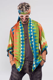 A vibrant green and orange geometric short kimono by Rafikimono, showcasing a unique blend of colors and shapes.