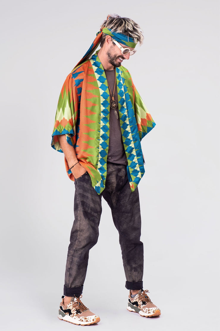 An eye-catching green and orange geometric short kimono by Rafikimono, perfect for adding a pop of color to any outfit.