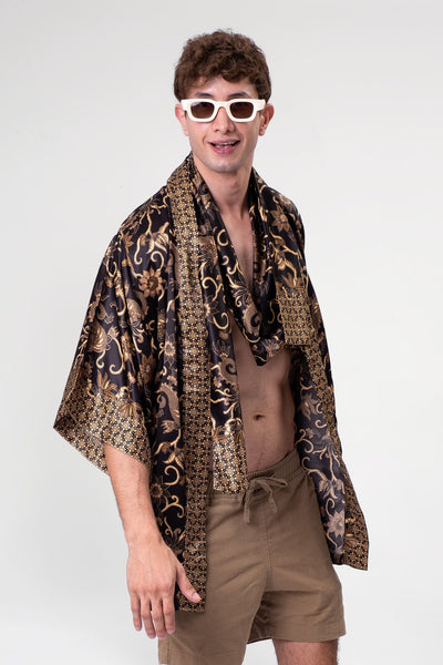 Short Obsidian Odyssey Kimono in black and soft brown siren-like pattern, complete with matching zippered travel pouch